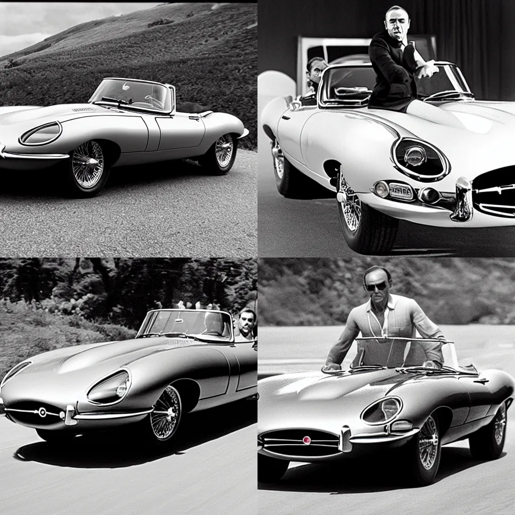 Prompt: sean connery as james bond driving an jaguar e - type.