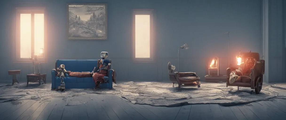 Prompt: Lonely and depressed robot sitting on a couch in front of a large fireplace in a Victorian home in the future. octane render, extremely detailed, cold blue cinematic lighting, 8k, lens flare, cinematic movie photograph, closeup portrait, trending on artstation, cgsociety, award-winning art, by Simon Stalenhag.