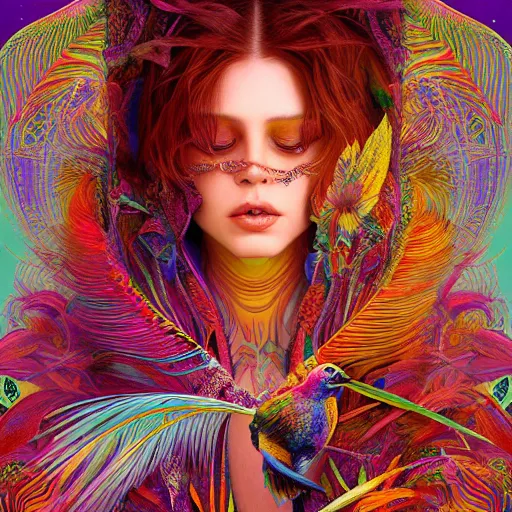 Image similar to A reality bending psychedelic ayahuasca experience, colorful, distorted, surreal, tropical bird feathers, dramatic lighting on the face, intricate lace, elegant fabric, highly detailed jewelry, digital painting, concept art, smooth, sharp focus, illustration, art by Krenz Cushart and Wayne Barlowe and alphonse mucha