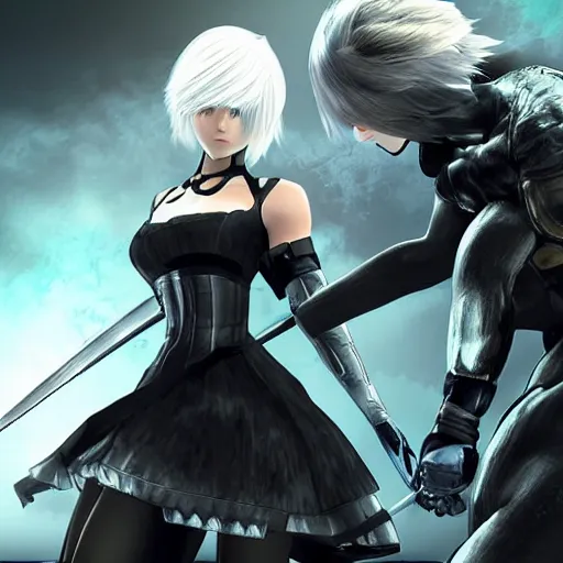 Prompt: 2b from NiER fighting with Raiden from Metal Gear Rising, cover art, no text