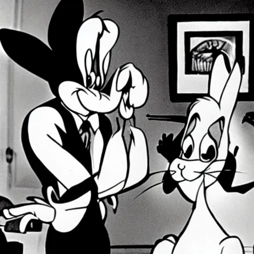 Prompt: bugs bunny in 1 9 3 0 s film noir movie, black and white