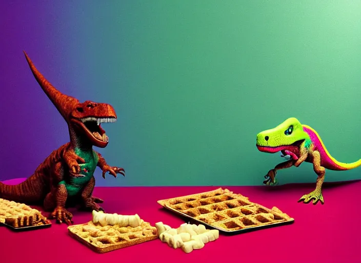 Prompt: a dinosaur made out of waffles barbecuing chewing gum. in a room with neon rainbow color drapes. outside the window a anachronism noir future.