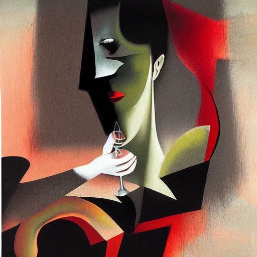 Image similar to A woman is drinking her shadow, expressionist, sharp colors, by Dave McKean