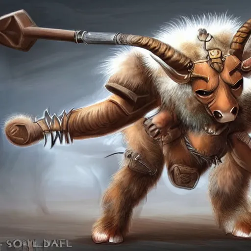 Image similar to cute drawing, female Minotaur warrior, brown fur with white spots, family friendly, armored, concept art