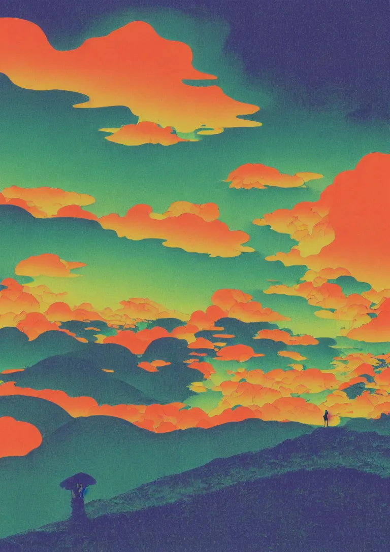 Prompt: a paper blotter tab of LSD acid melting into a psychedelic landscape, risograph by kawase hasui, moebius, Edward Hopper and James Gilleard, Zdzislaw Beksinski, Steven Outram colorful flat surreal design, hd, 8k, artstation