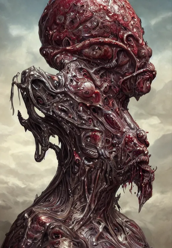 Image similar to portrait of a bloodied ornate filigreed slime dripping genderless insect alien monster, muscles, rippling, space warping and twisting, ultra realistic, concept art, intricate details, eerie, highly detailed, photorealistic, octane render, 8 k, unreal engine. art by artgerm and greg rutkowski and alphonse mucha