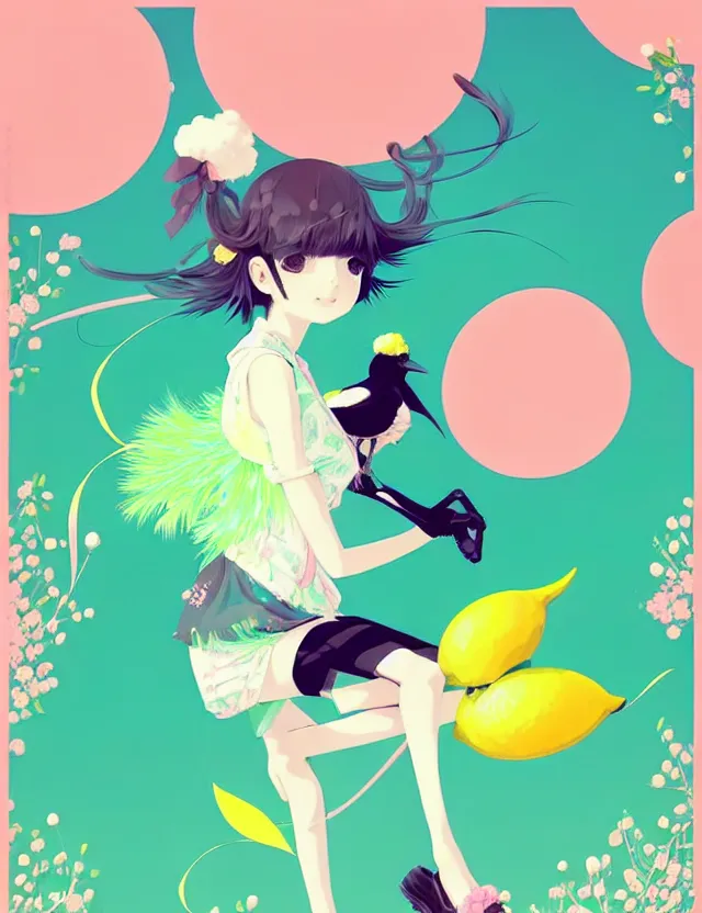 Image similar to a cute anthropomorphic magpie girl anthro wearing a lemon lime ribbon, park background, very anime!!! kawaii!! furry!! intricate details, aesthetically pleasing pastel colors, scenic background, art by conrad roset and ilya kuvshinov. trending on deviantartstation