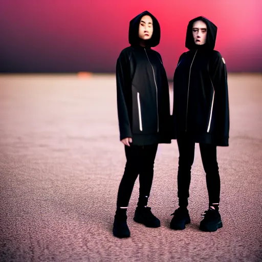 Image similar to cinestill 5 0 d photograph of 2 women wearing black techwear in front of a brutalist sharp - edged metal building, on a desolate plain, red eerie sky, sigma 8 5 mm f / 1. 4, 4 k, depth of field, high resolution, highly detailed, 4 k, 8 k, hd, full color