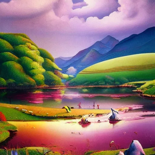 Image similar to A beautiful painting of of a landscape. It is a stylized and colorful view of an idyllic, dreamlike world with rolling hills, peaceful looking animals, and a flowing river. The scene looks like it could be from another planet, or perhaps a fairy tale. by Hsiao-Ron Cheng, by Paul Gustav Fischer improvisational