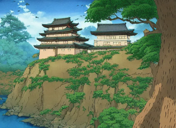 Image similar to japanese fortress in a city inside the forest by studio ghibli painting