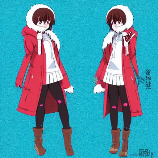 Prompt: an female character in eskimo style clothing in the style of the anime kakegurui, wintery backround, ice, icy, cold, brown hair, female, smiling, anime style, warm clothing, vibrant, detailed, kakegurui, animated