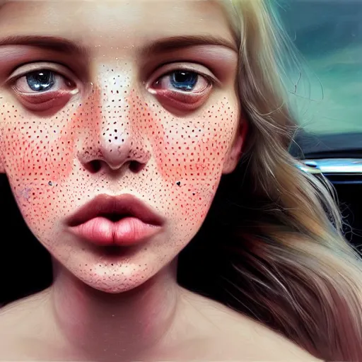 Image similar to beautiful hyperrealism hyperdetailed selfie of a cute young woman sitting in her car, flushed face, red blush, light freckles, puffy lips, soft features, 8 k, sharp focus, art by irakli nadar, instagram