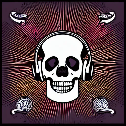 Image similar to svg vector sticker of a skull, rocking out, wearing headphones, huge speakers, dancing, rave, DJ, spinning records, digital art, amazing composition, rule-of-thirds, award-winning, trending on artstation, featured on deviantart