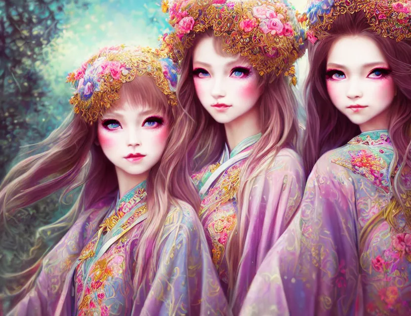 Image similar to two beautiful fashion siberian girls wear fantasy kimono in festival | | big eyes, sunny, dreamlike art, realistic shaded, smile, good looking, hyper details, 4 k realistic, cryengine, realistic shaded lighting poster by artgerm, ross tran, fuji choko, loish, 8 k resolution, trending on artstation, luxury