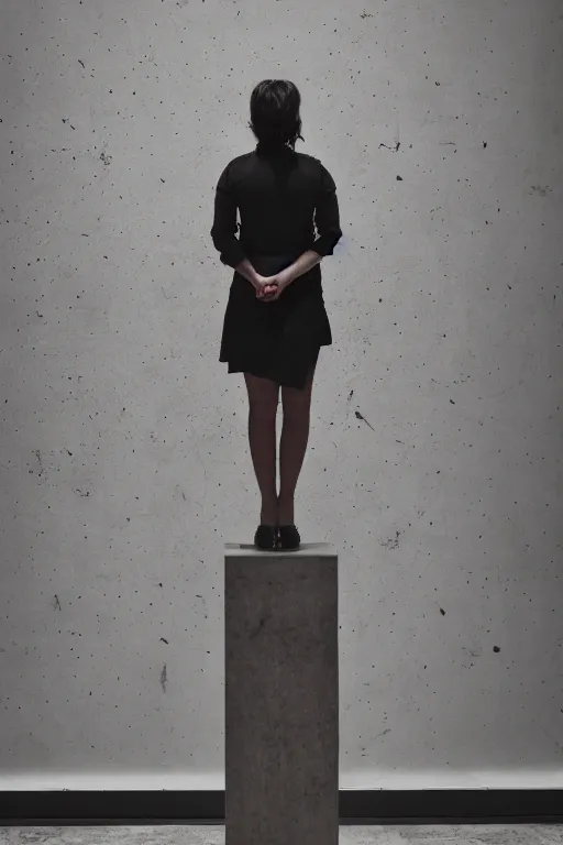 Image similar to emo woman standing on a small pedestal, as an exhibit in an art gallery, editorial photo