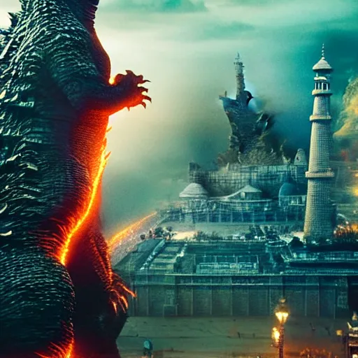 Image similar to godzilla near taj mahal, majestic, breathtaking, lightining in background, ultrafine hyperrealistic detailed illustration by kim jung gi, irakli nadar, intricate linework, sharp focus, bright colors, matte, film still from godzilla king of monsters, final fantasy, unreal engine highly rendered, 8 k, global illumination, radiant light, intricate environment