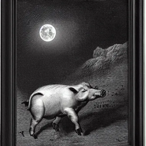 Image similar to pig in a tuxedo, in front of the moon, dark clouds, high detail, dramatic light, illustration by gustave dore