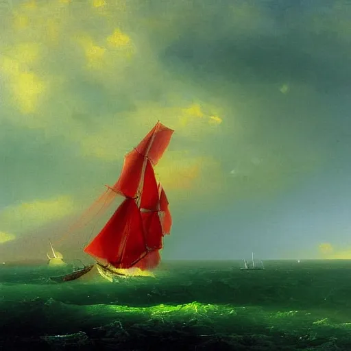 Prompt: red clouds and green ocean with sailboat painting by ivan aivazovsky