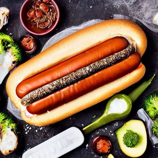 Image similar to photo shoot portrait of a delicious hot dog with whole sardines, broccoli, ketchu and mustard, detailed, uhd, 8k,