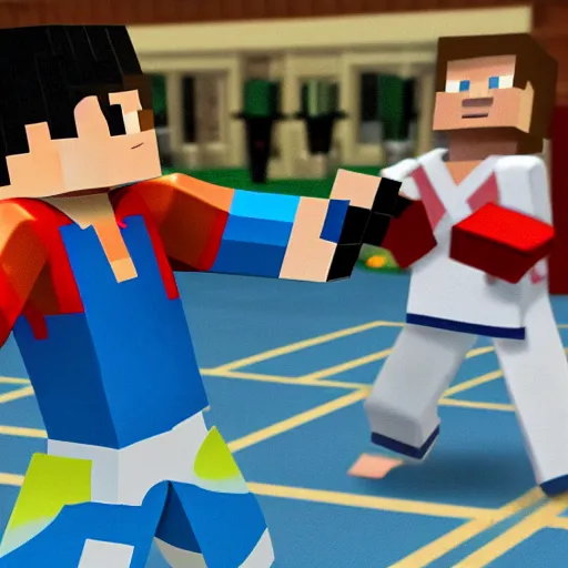 Prompt: steve from minecraft in a taekwondo tournament versus herobrine, bokeh