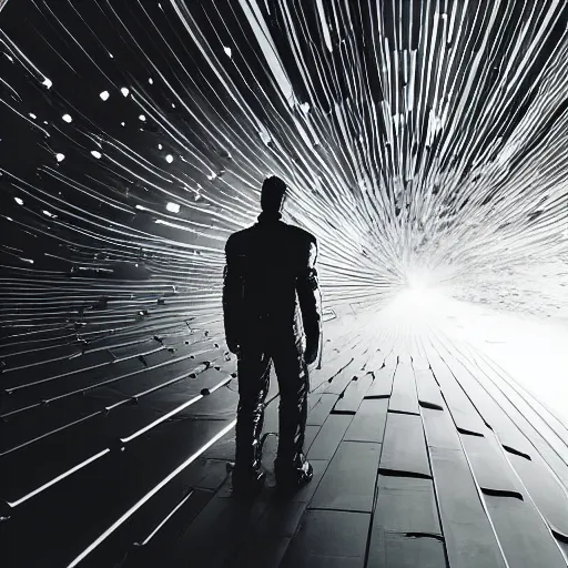 Image similar to mysterious man in silver space suit, walking on a small zig - zagging steel catwalk, floating in the darkness of space, with a black background, photograph, wide angle, long shot