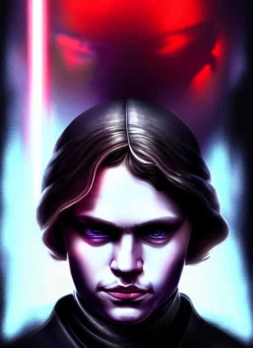 Image similar to a portrait of anakin skywalker with darkside corruption, cyberpunk, grim - lighting, high - contrast, intricate, elegant, highly detailed, digital painting, artstation, concept art, smooth, sharp focus, illustration