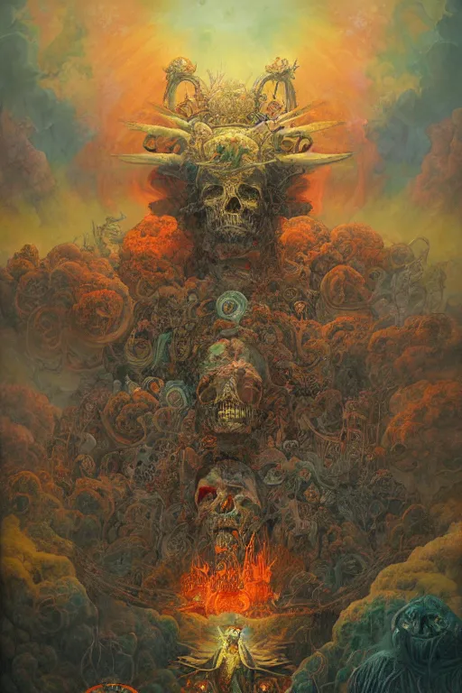 Prompt: gigantic skull psychedelic demonic cosmic of death and hell fire, fantasy painting, ultra realistic, wide angle, art nouveau, intricate details, rainbowshift, vivid colors, highly detailed by peter mohrbacher, h. r. giger, maxfield parrish, gustave dore, craig mullins, octane render, cgi