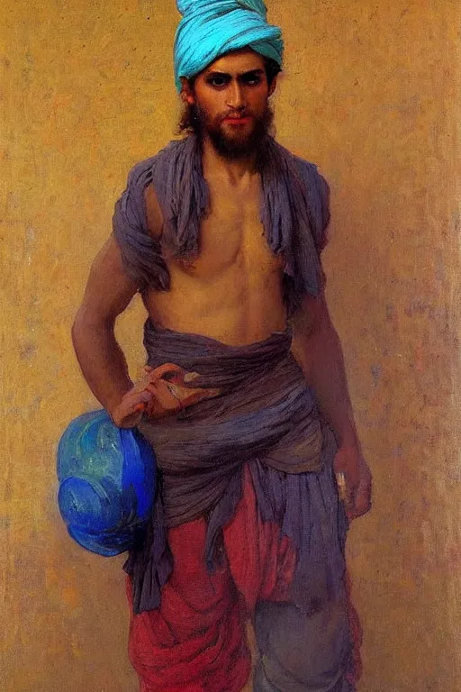 Image similar to Portrait of a young mascular gypsy man magucian, by victor Nizovtsev, bouguereau