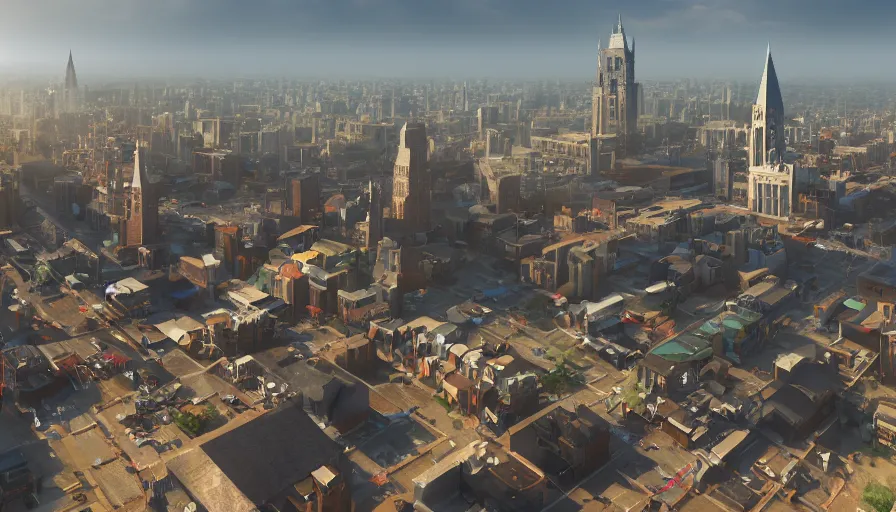 Image similar to midwest town, square, church, sunny day, volumetric light, hyperdetailed, artstation, cgsociety, 8 k