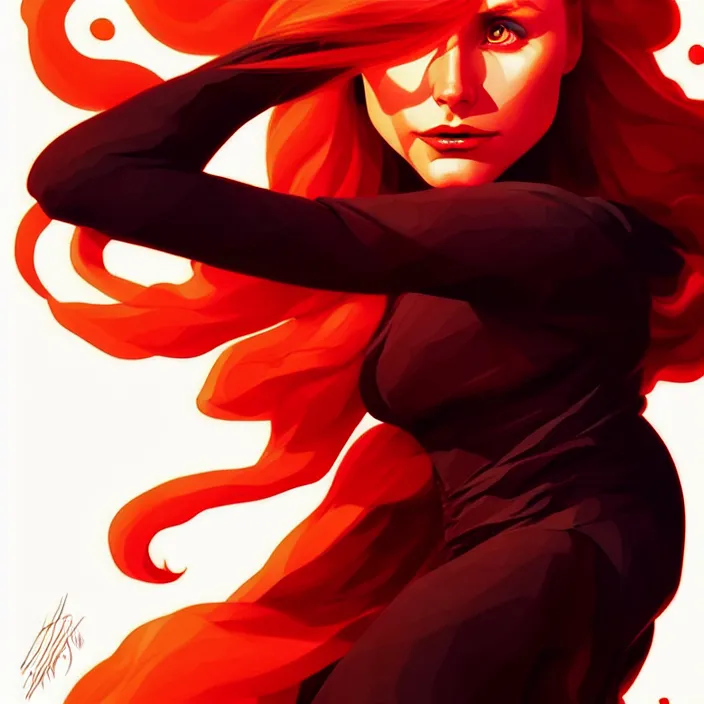 Image similar to style artgerm, joshua middleton, diego fazio, beautiful kristen bell with dark red dress, very long orange hair, symmetrical face, symmetrical eyes, fire powers fire swirling, detailed, volcano setting, cinematic lighting