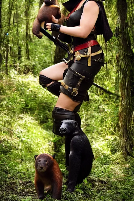 Prompt: a sexy female ranger and her pet sun bear, cosplay, film still