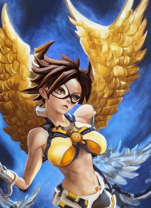 Image similar to full body oil painting of tracer overwatch in the style of frank frazetta, angel wings, angelic golden armor, dramatic painting, symmetrical composition, ornate, golden chains, high detail, gold detailed collar!!!!!, blooming, angelic, lights, flowers, heavenly, bright, detailed face,