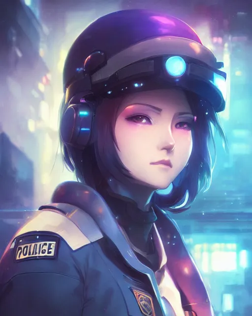 Prompt: anime key visual of a young female police officer, neon, cyberpunk, futuristic, stunning, highly detailed, digital painting, artstation, smooth, soft focus, illustration, art by artgerm and greg rutkowski and alphonse mucha