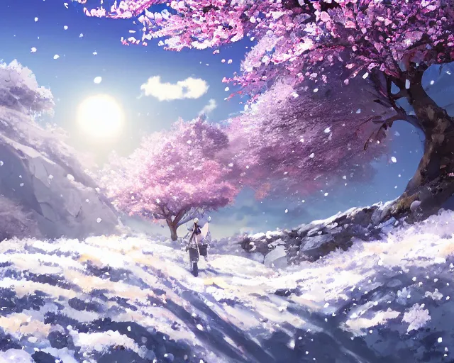 Image similar to snowy rocky field with a sakura tree, petals, cloudy, moodly lighting, snow in wind, illustration, by pine ( ハイネ ) and 薯 子 imoko and 香 川 悠 作 and wlop and maya takamura, highly detailed, trending artstation, pixiv, digital art