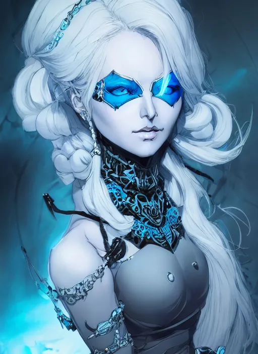 Prompt: beautiful drow queen in iron mask and ornate pale blue dress, gray hair. in style of yoji shinkawa and hyung - tae kim, trending on artstation, dark fantasy, great composition, concept art, highly detailed, dynamic pose, vibrant colours.