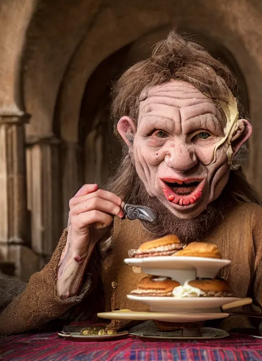 Image similar to closeup portrait of a medieval goblin eating cakes in the cloisters, depth of field, zeiss lens, detailed, symmetrical, centered, fashion photoshoot, by Annie Leibovitz and Steve McCurry, David Lazar, Jimmy Nelsson, Breathtaking, 8k resolution, extremely detailed, beautiful, establishing shot, artistic, hyperrealistic, beautiful face, octane render