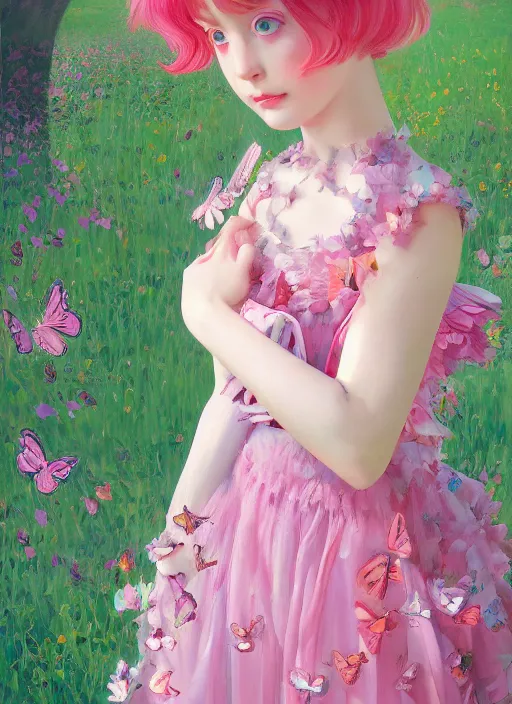 Prompt: angelic little girl with an pink eccentric haircut wearing an dress made of butterfly artwork made by ilya kuvshinov, inspired in donato giancola and balthus, hd, ultra realistic, reflection, flowers, light, realistic face, trending on pixiv, 8 k, ray tracing, glorious