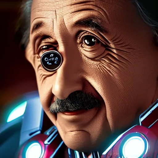 Image similar to albert einstein as tony stark in ironman, cinematic lighting, dramatic, octane render, long lens, shallow depth of field, bokeh, anamorphic lens flare, 8 k, hyper detailed, 3 5 mm film grain