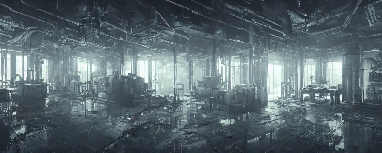 Image similar to interior of a lab with a reactor in the middle of the room and lots of wirings hanging from ceiling and pipes in the walls with big exhaust fan on the wall scifi, 8 k uhd, unreal engine, octane render in the artstyle of finnian macmanus, john park and greg rutkowski