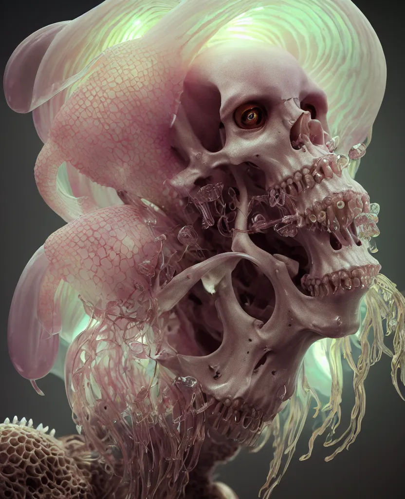 Image similar to goddess close-up portrait human skeleton, ram skull, jellyfish, orchid, betta fish, bioluminiscent, intricate artwork by Tooth Wu and wlop and beeple. octane render, trending on artstation, greg rutkowski very coherent symmetrical artwork. cinematic, hyper realism, high detail, octane render, 8k