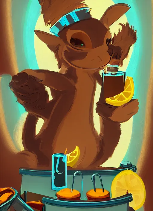 Image similar to squirrel anthro as a dapper bartender with a big fluffy tail, retro futurism, art deco, detailed painterly art style, 🐿🍸🍋, furaffinity, trending on artstation