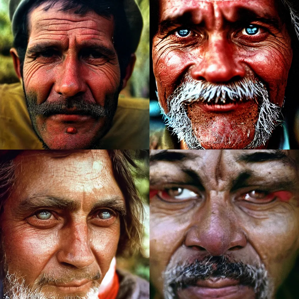 Prompt: close-up portrait of a man in 1970, kodachrome film, Steve McCurry