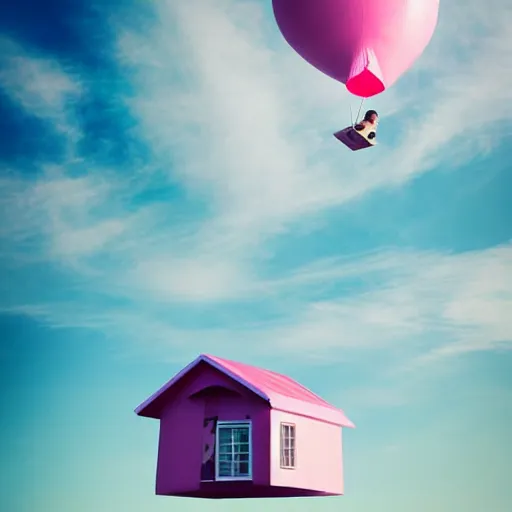 Image similar to dream a 5 0 mm lens photograph of a cute pink floating modern house, floating in the air between clouds, inspired by the movie up, held up from above by heart ballons. mist, playful composition canon, nikon, award winning, photo of the year