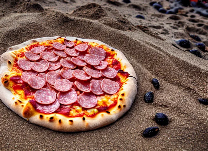 Image similar to clear highly detailed photorealistic food photograph of a wood oven cooked pizza with salami anchovies pepperoni lying on beach sand at sunset, waves next to it