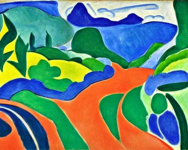 Prompt: Matisse landscape painting. Insane, modernist. Wild energy patterns rippling in all directions. Curves, organic, zig-zags. Saturated color. Mountains. Clouds. Waves. Rushing rivers.