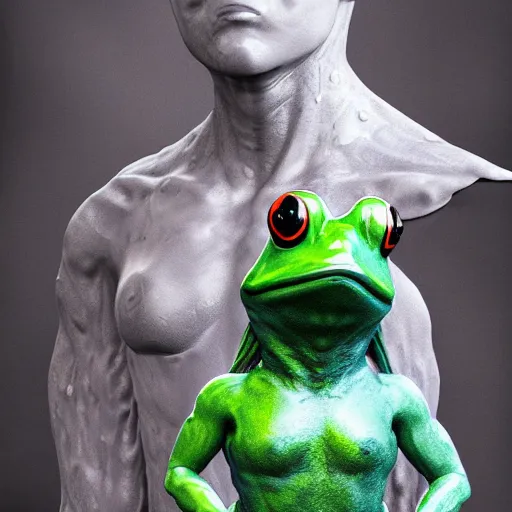 Image similar to a hyper real comic book style portait painting of a statue made of water of a frog, unreal 5, hyperrealistic, octane render, cosplay, rpg portrait, dynamic lighting