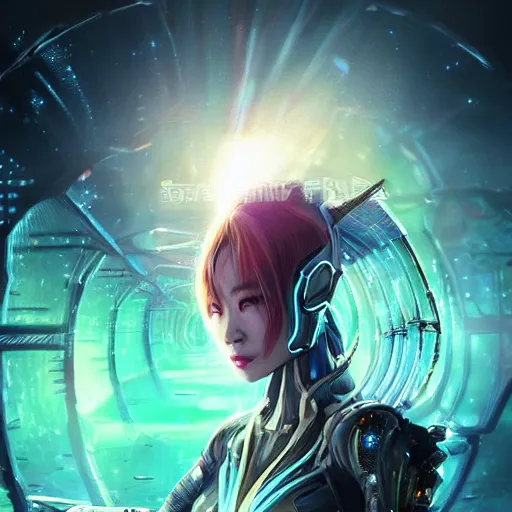 Image similar to ultra realistic illustration of cyber fairy, song hye - kyo, alien homeworld, swamps, advanced technology, warframe, special effects, colorful lights, space ship in the distance, intricate, highly detailed, digital painting, artstation, concept art, smooth, sharp focus, illustration, art by artgerm and tim mcburnie and anato finnstark