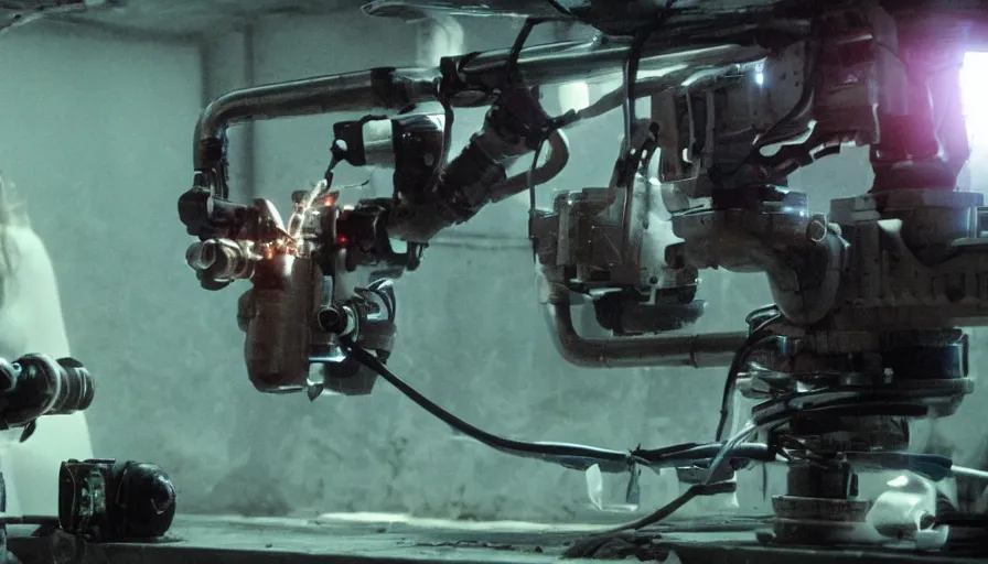 Image similar to Big budget horror movie, in an undersea lab, a squid fires a minigun at a cyborg