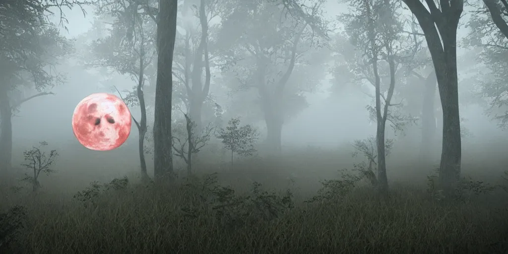 Image similar to ghosts haunting me in the foggy forest, death, clouds, red bloody moon, 8k, ultra realistic