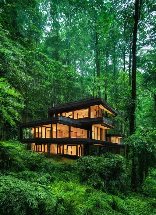 Image similar to an exquisite holiday home in the middle of a lush forest, visible through the lush overgrowth, architectural photography, dark and dim lighting, beautiful, tranquil, moody, cinematic, fantasy, 3 5 mm lens, volumetric lighting, first person view, photographic render, hyper realistic